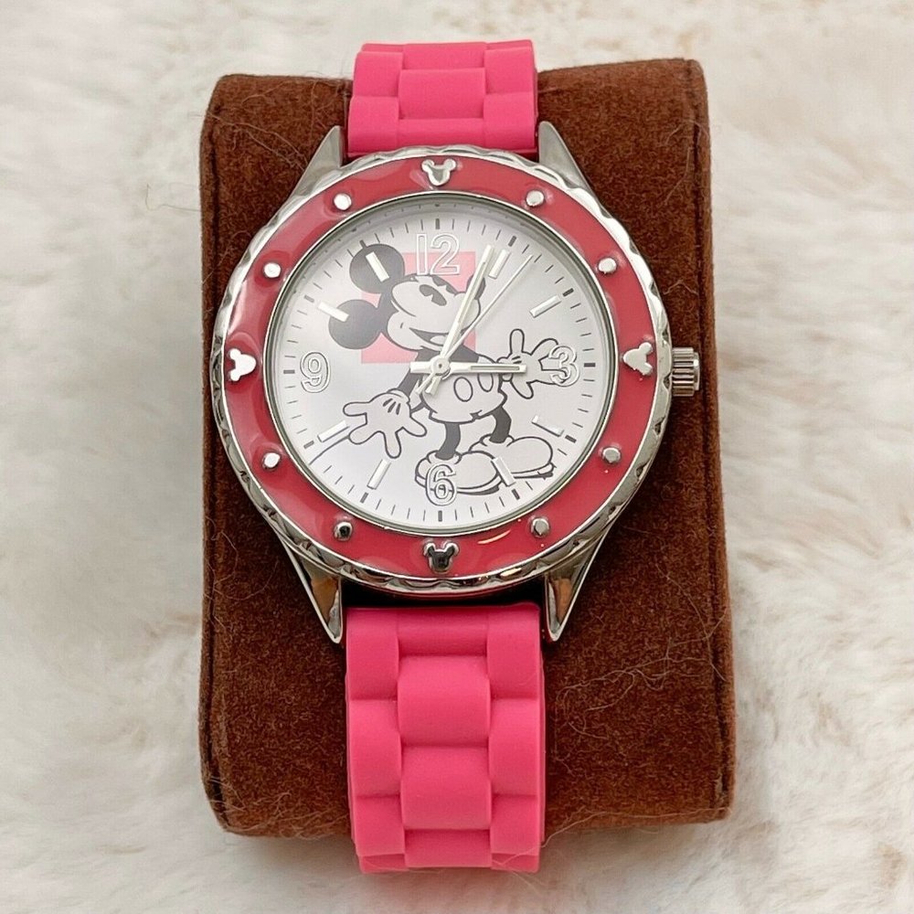Disney Parks Mickey Mouse Women Watch Stainless Steel Pink Silicone Band
